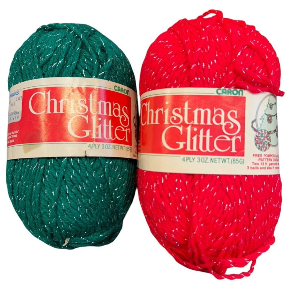 Vintage Lot Caron Red Green Christmas Glitter Yarn 4 ply 3 oz Worsted Acrylic
